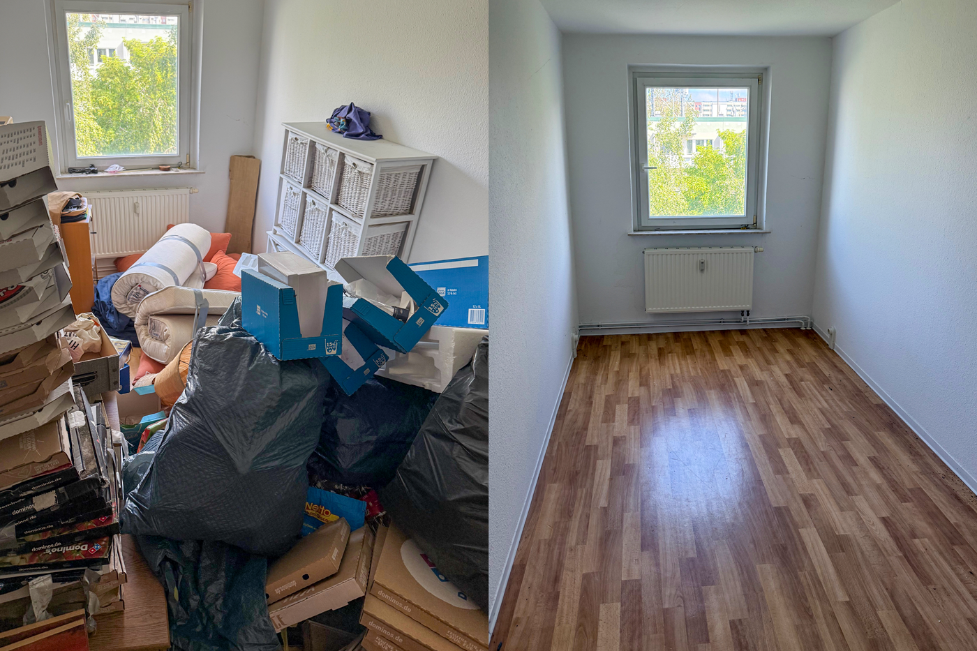 Entrümpelung Vorher-Nachher: voller Wohnraum und nach der Räumung leerer, sauberer Raum in Lübeck